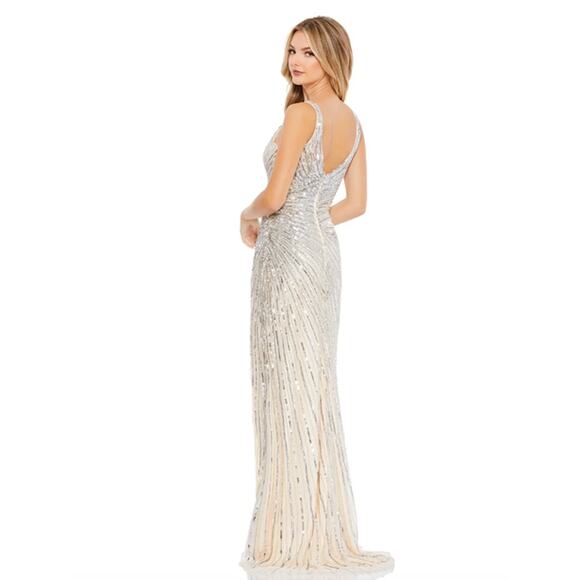 MAC DUGGAL Dress Size 2 Evening Gown Sequin Silver NEW A Line Long Maxi Slit - Picture 2 of 7